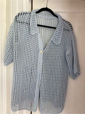 Boutique 9 Light Blue Open-Weave Button-Front Cardigan